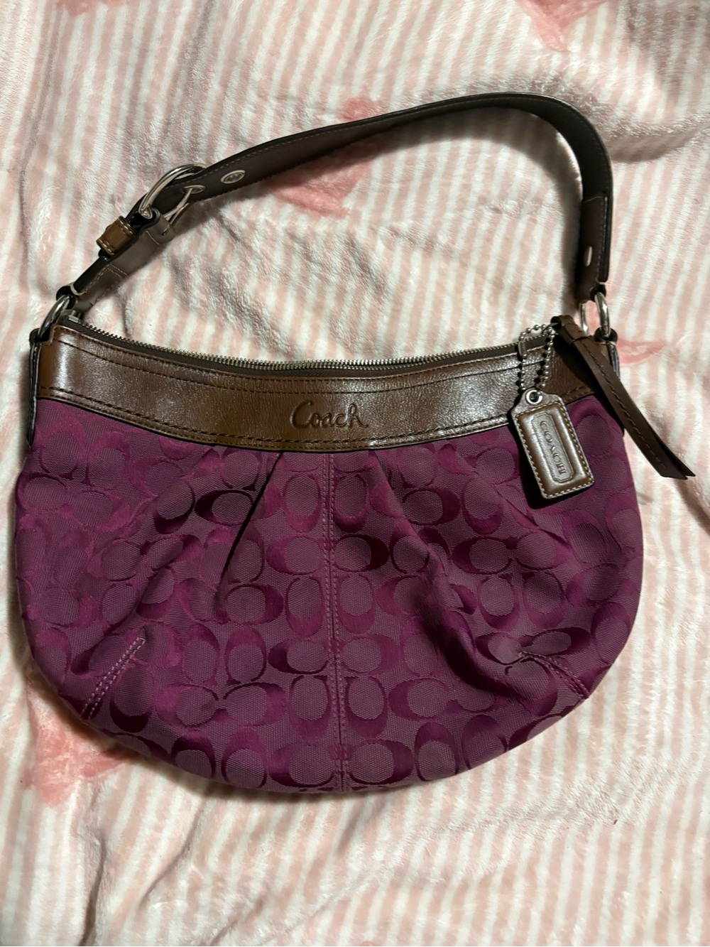 Coach Plum Signature Hobo with Brown Leather Trim